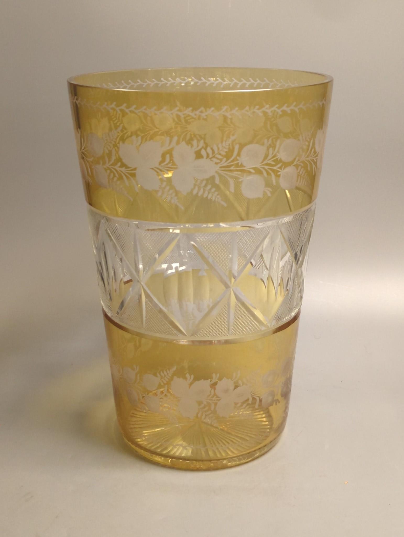 A large Bohemian wheel engraved amber flashed glass vase, 35cm.